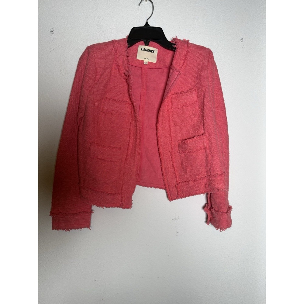 L'AGENCE Keaton Tweed Short Jacket With Fringe in Coral Rose Sz 4 $575